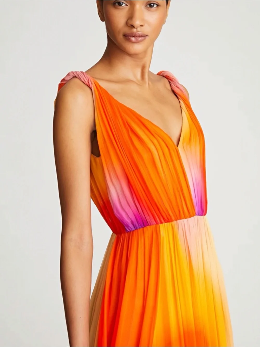 HALSTON Stacia Crinkle Chiffon A-Line Watercolor Ombre Chiffon Maxi Dress